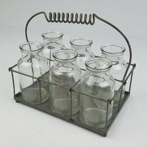 Vtg glass clear bottle holder carry rack metal rustic farmhouse 6 bottles home